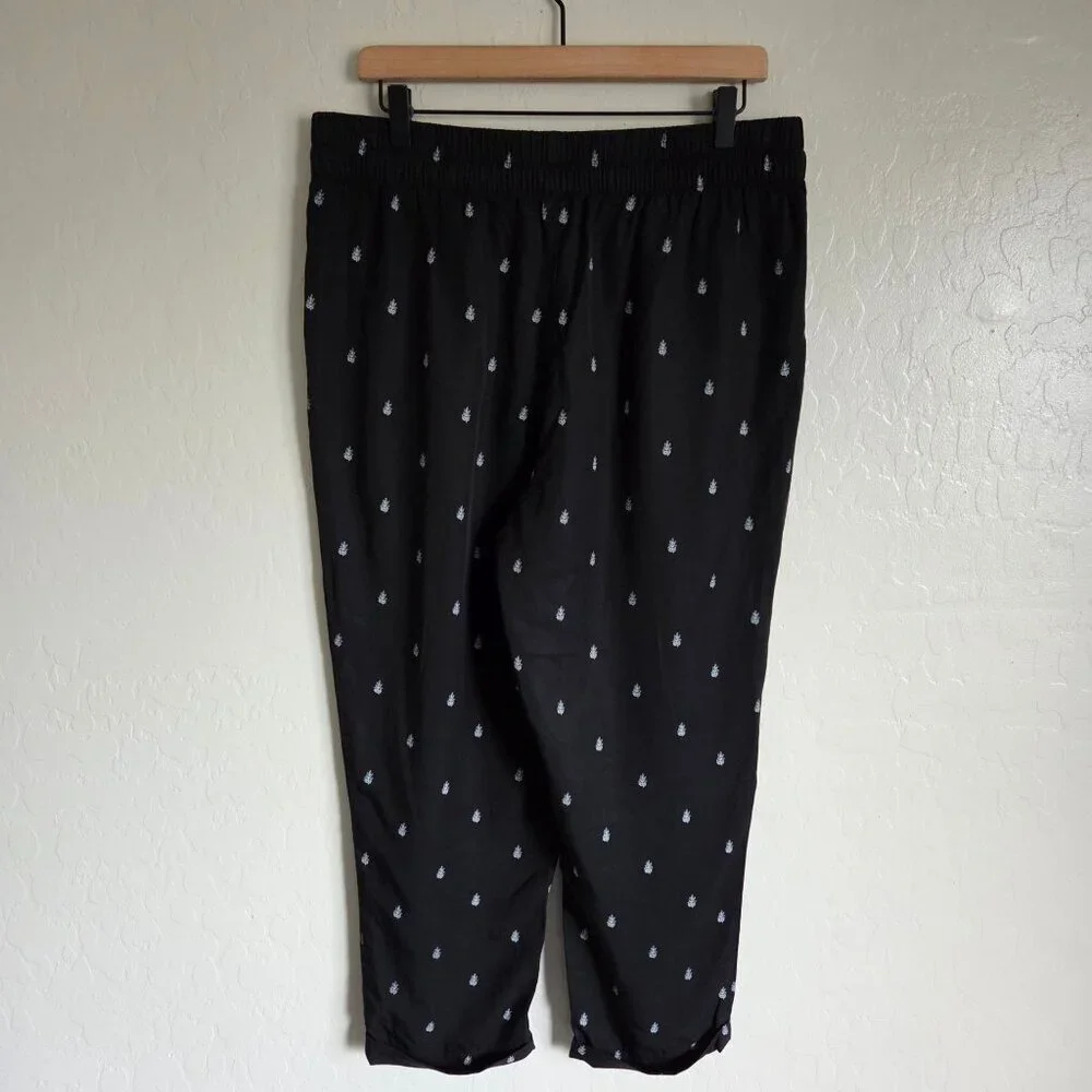 Garnet Hill Tencel Floral Cropped Black Pant Womens 12 Elastic Waist Drawstring
